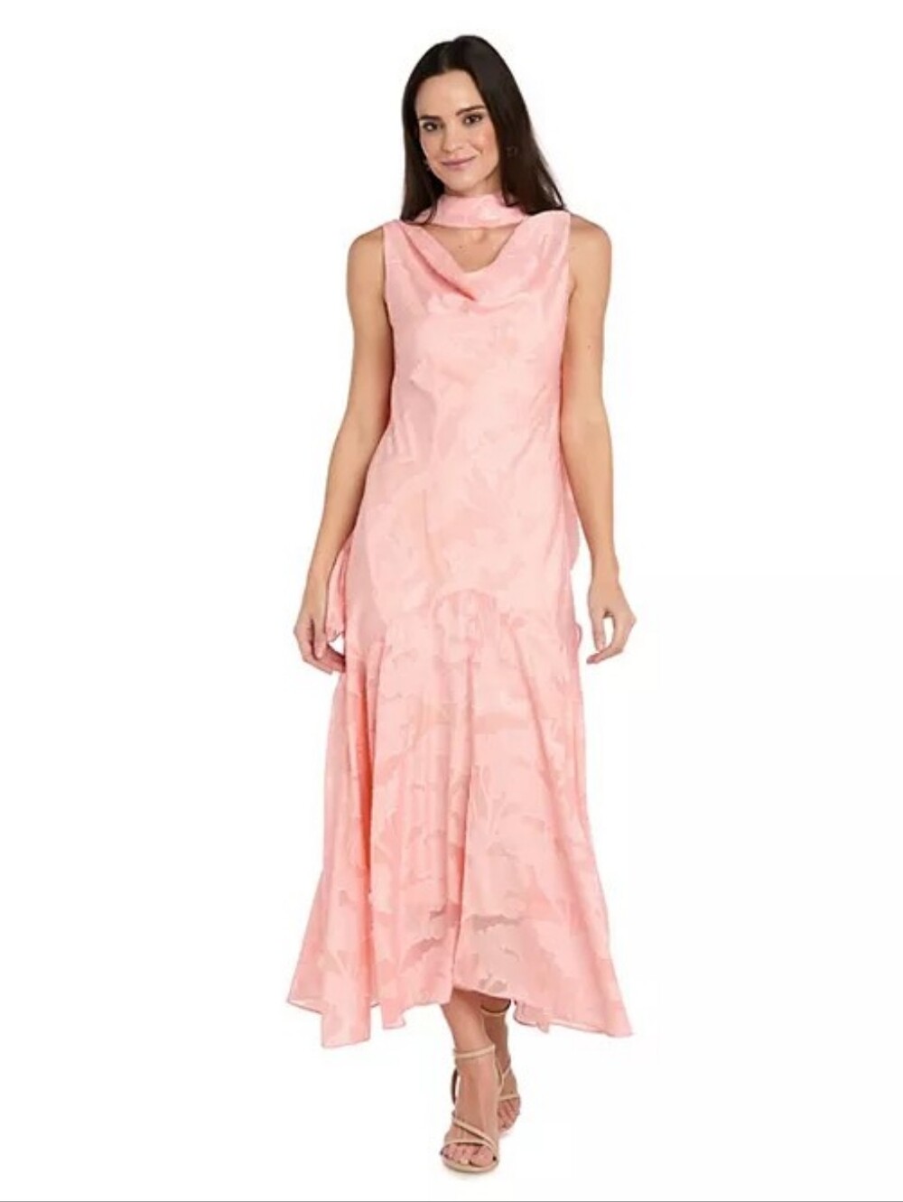 R&M Richards Floral Jacquard Chiffon Cowlneck Scarf Dress In Apricot Sz 16
